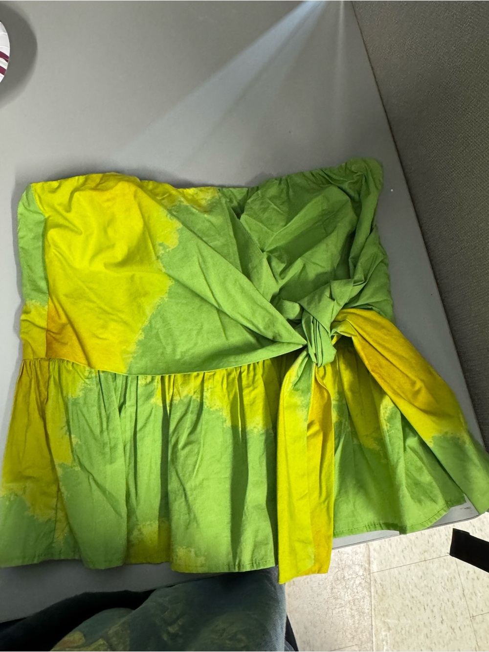 Anthropologie Green and Yellow Tie-Front Crop Top